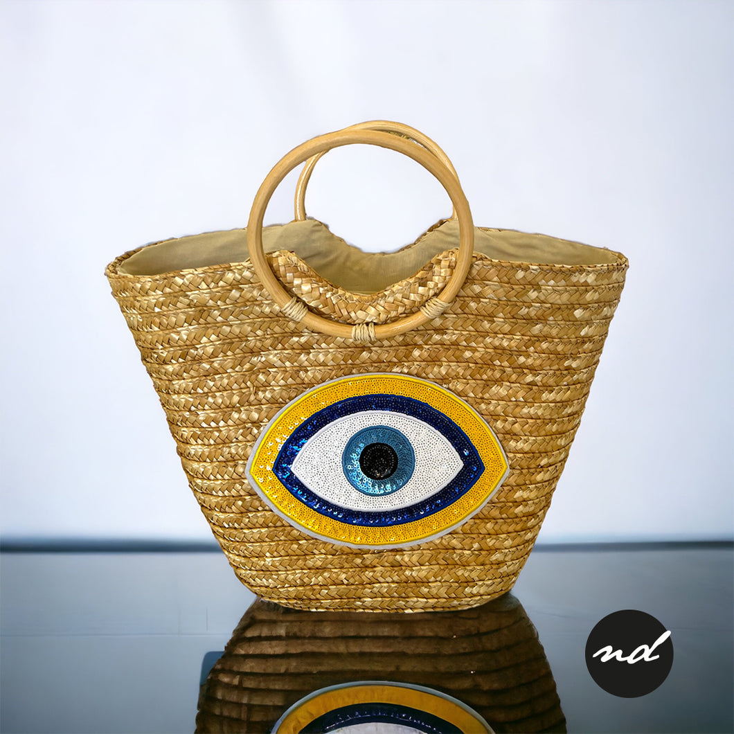 Blue and Yellow Evil Eye Beach Bag